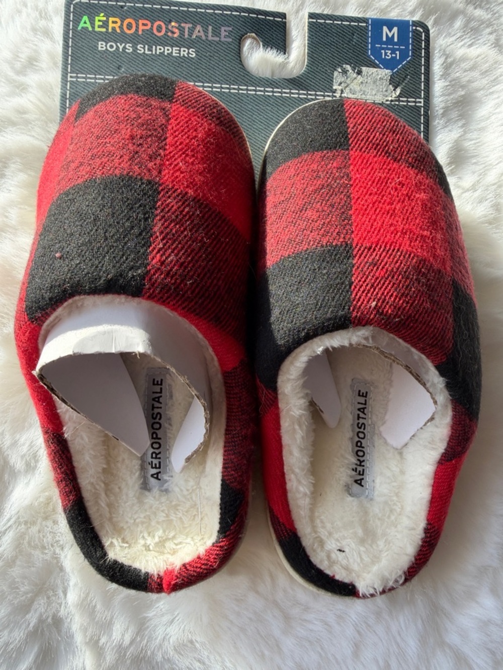 Aeropostale Boys Red and Black Buffalo Plaid Slip-On Slippers